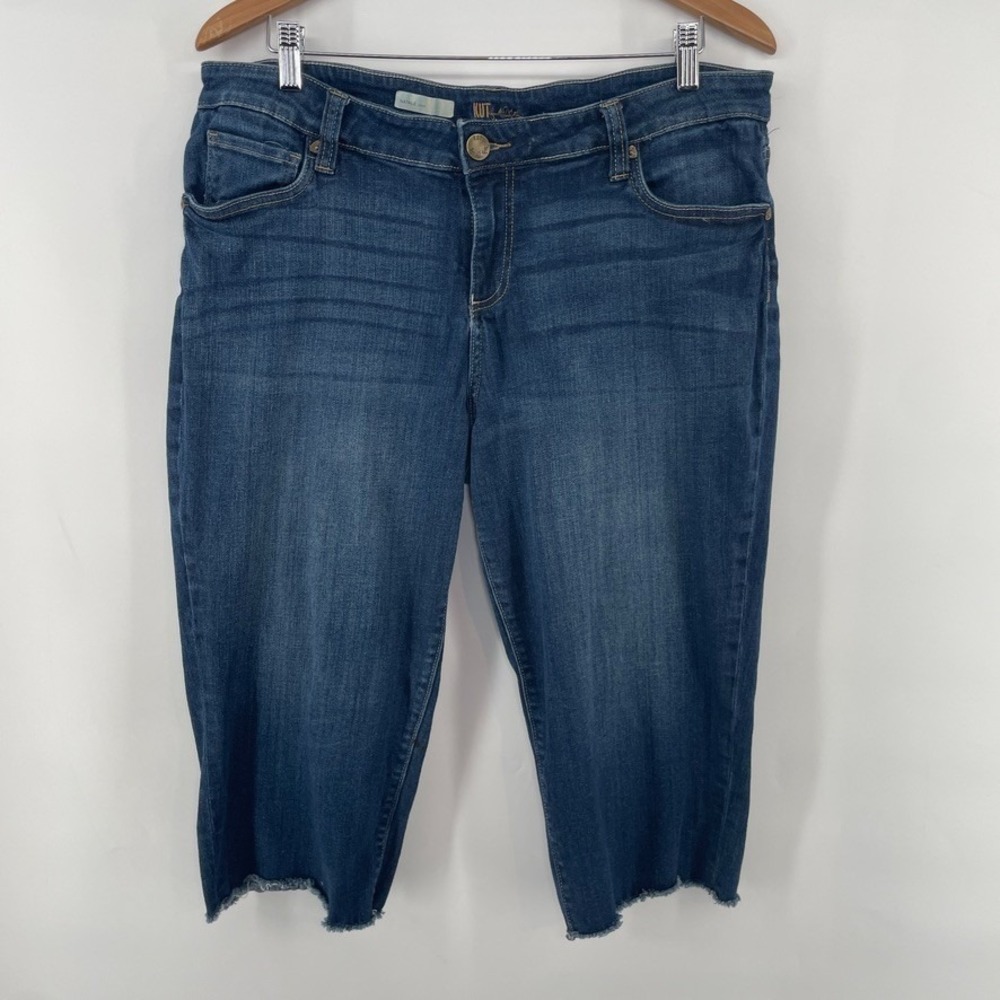 Kut from Kloth Natalie Crop Blue Jeans 16 Flap Pockets Stretch Raw Hem Dark Wash